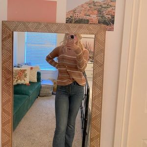 burgundy sweater, with stripes